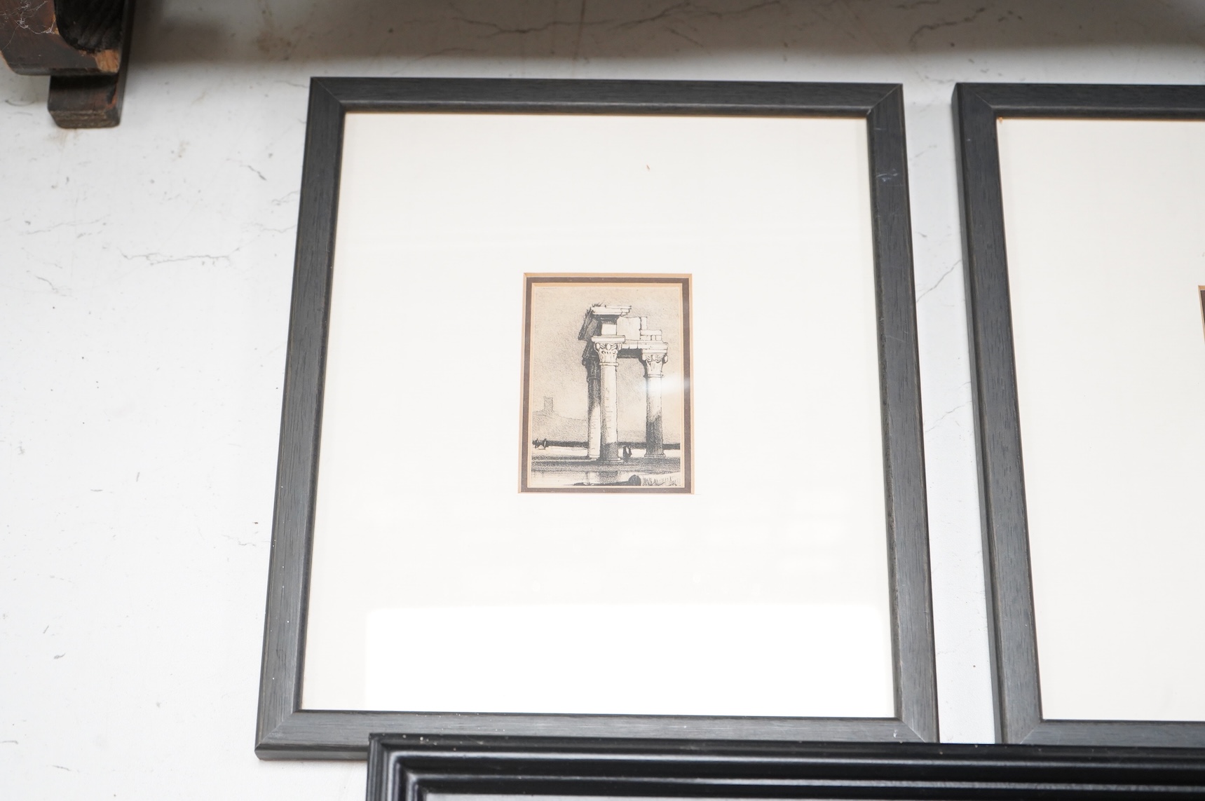 A set of four plaster plaques depicting classical scenes and four 18th/19th century architectural etchings, framed, largest 43cm high